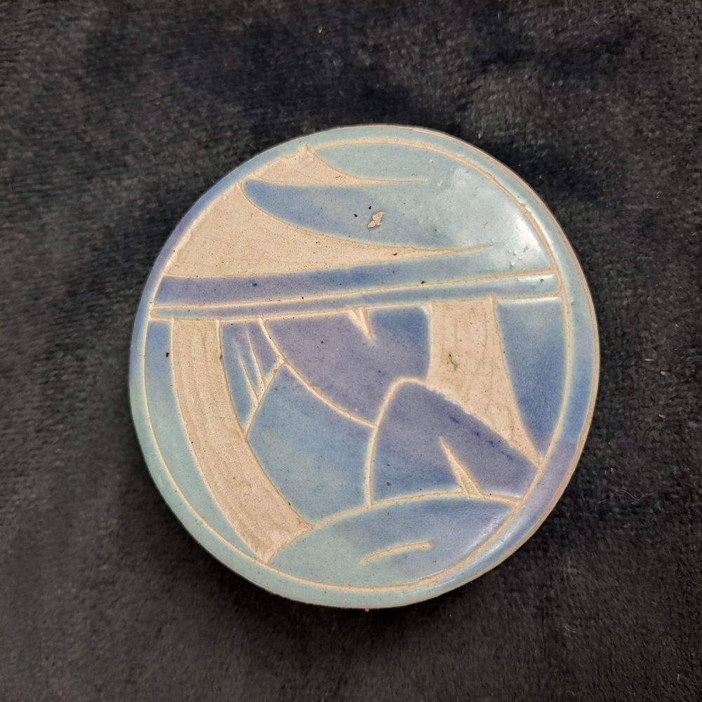Mexican Acevloza Clay Pottery Trinket Box White Blue Glazed Top Vintage